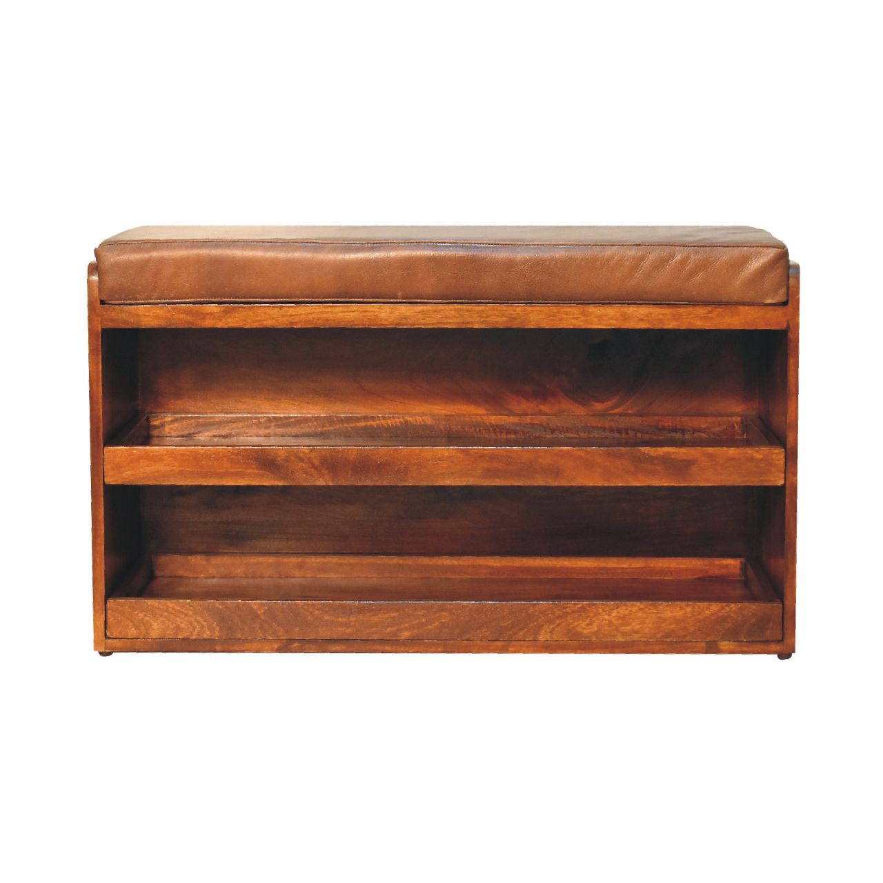 Pull-out Chestnut Shoe Storage Bench with Buffalo Hide